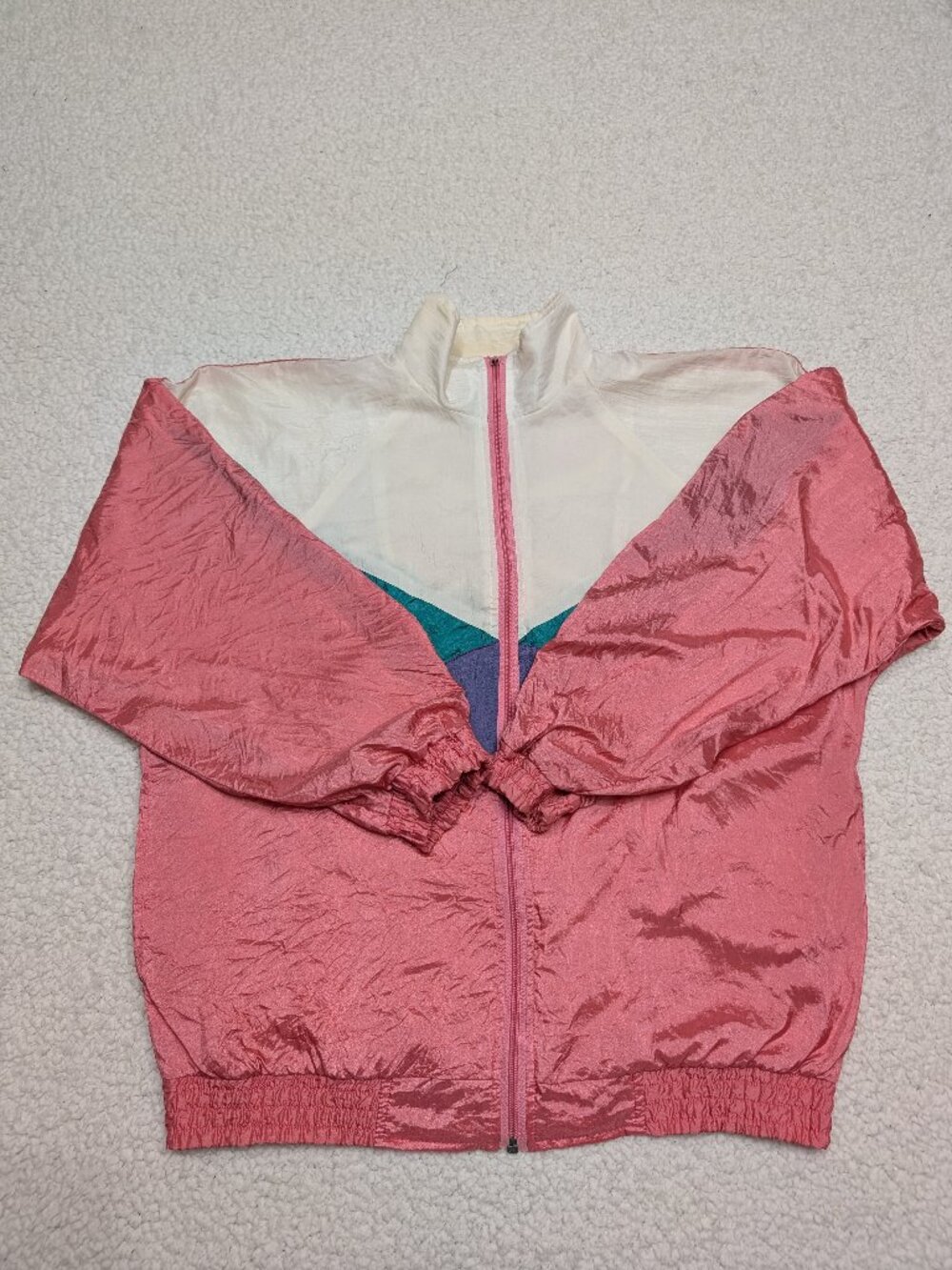 VTG 90s Colorblock Windbreaker Jacket Womens M Pink Teal Purple Cropped Retro
